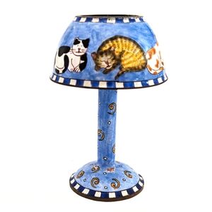 Vintage Collectible Signed Empress Arts Blue Cat Tealight Candle Holder